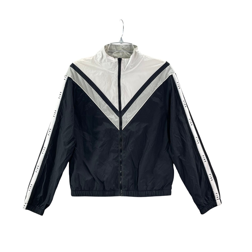 PINK Windbreaker Jacket Womens XS/S Black White Logo Tape Mesh Lined Full Zip